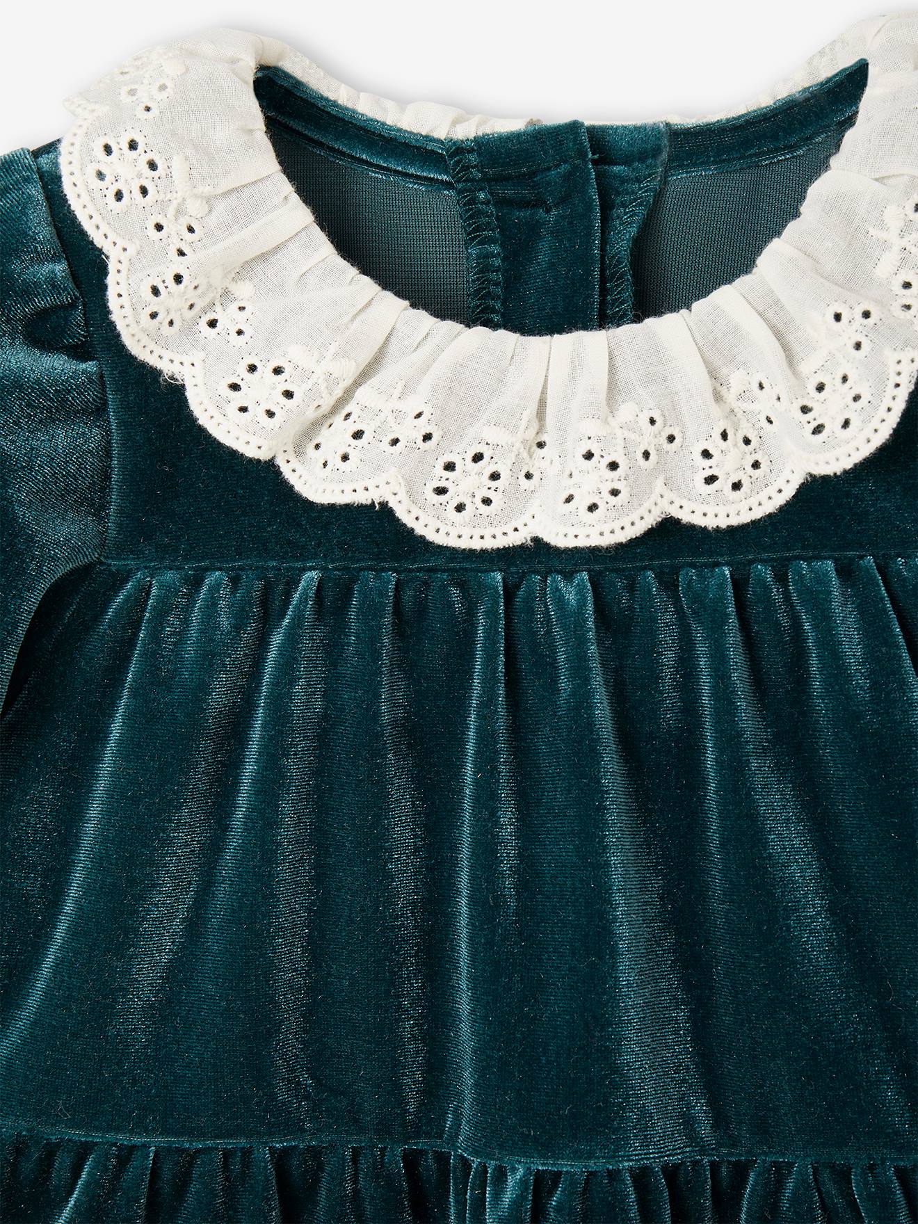 Vertbaudet Mädchen Baby Weihnachts-Geschenkset: Samtkleid & Haarband - smaragdgrün