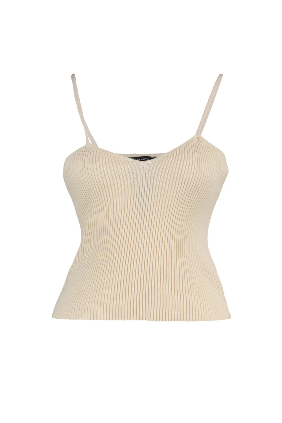 Trendyol Curve  Beigefarbenes Set aus Feinstrick-Cardigan und Unterhemd mit Krawatte und V-Ausschnitt