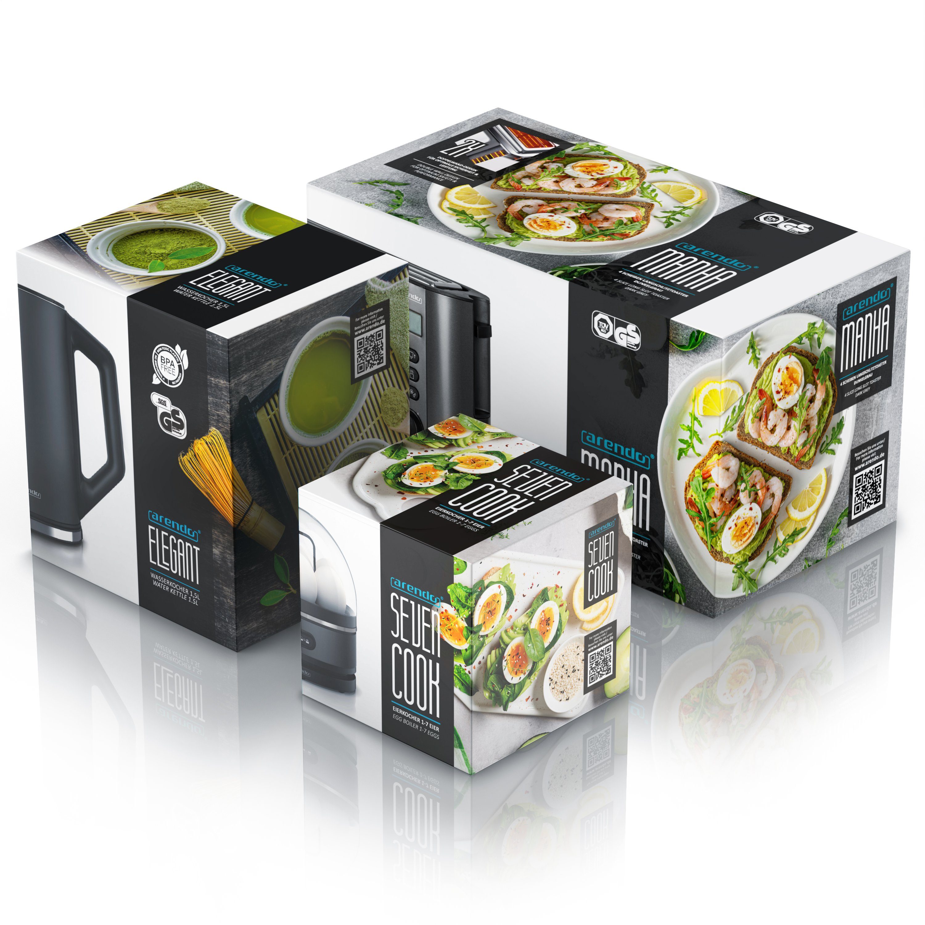 Arendo Frühstücks-Set (3-tlg), Wasserkocher 1,5l, 4-Scheiben Toaster, 7er Eierkocher, Grau
