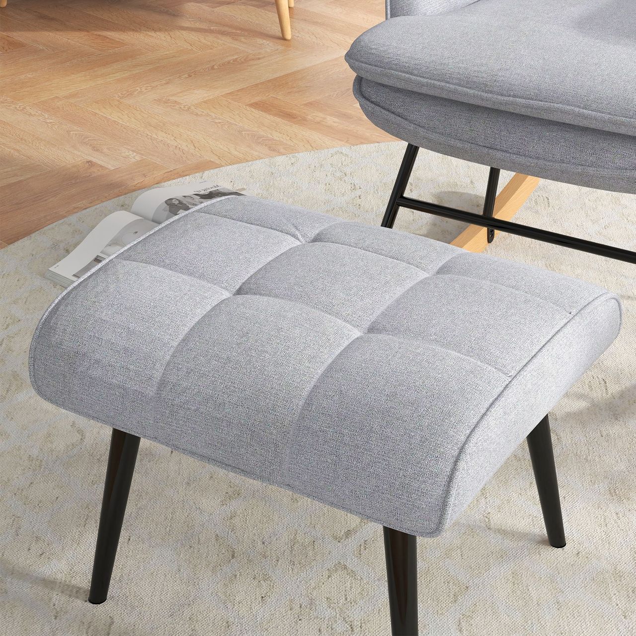 HOMCOM Schaukelstuhl Schwingsessel mit Hocker Relaxsessel mit Leinenoptik
