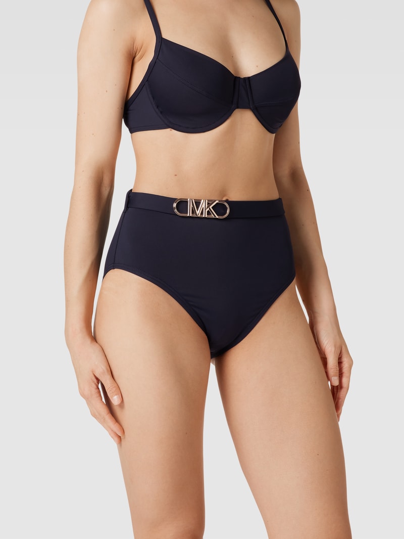 High Waist Bikini-Hose mit Label-Applikation in marineblau