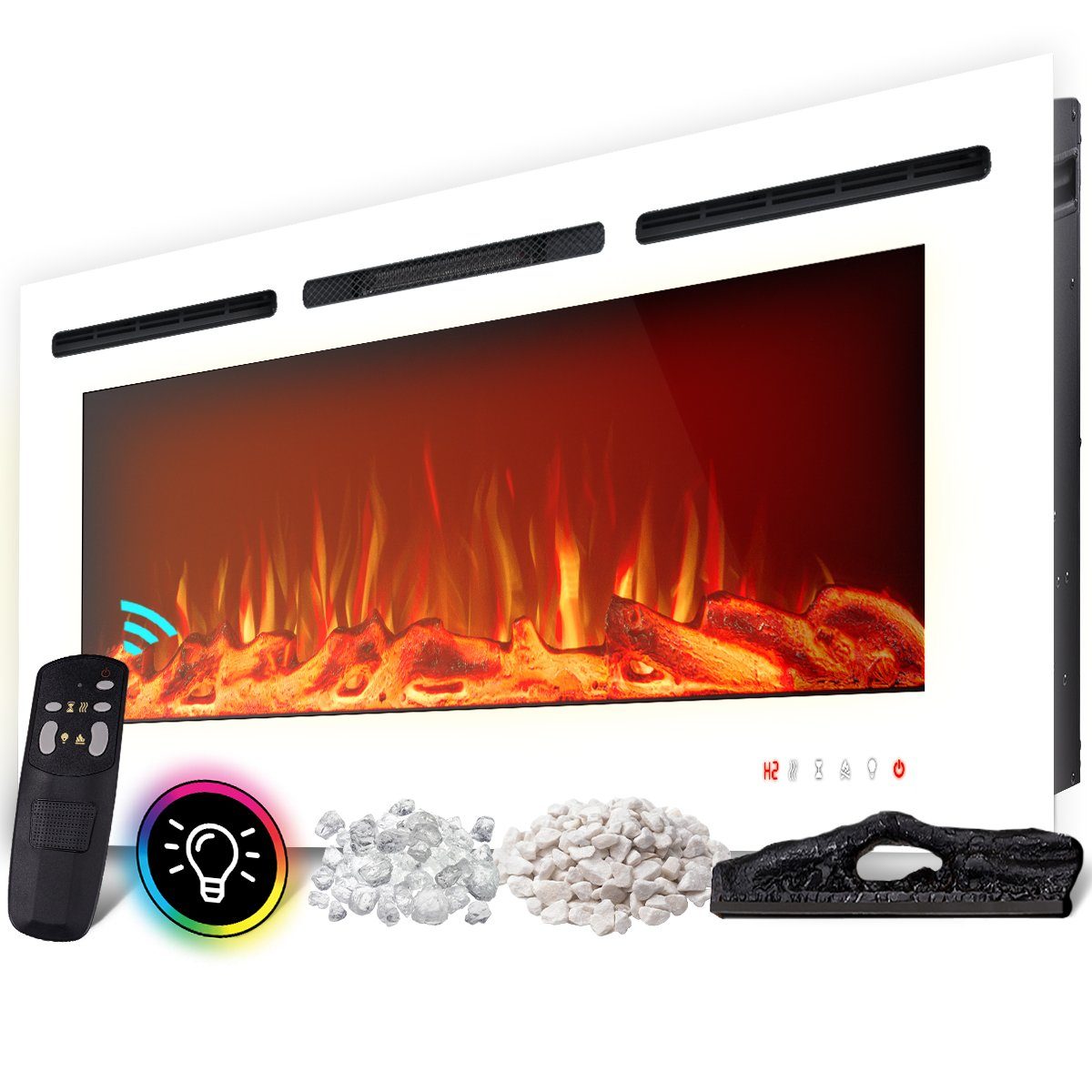 Heidenfeld Elektrokamin Kamin Heizung Wandkamin HF-WK200 750/1500 Watt inkl. 3 Jahre Garantie, 3D Flammen - 10 wählbare LED Farben - Fernbedienung - Elektroheizung