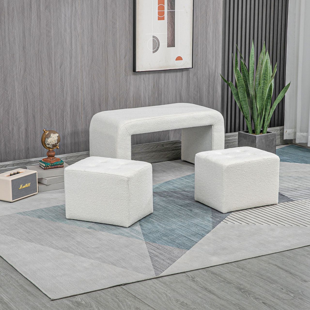 HOMCOM Fußhocker 3 tlg.,Sitzhocker, Ottomane mit 3 Hockern, Fußstütze, Weiß