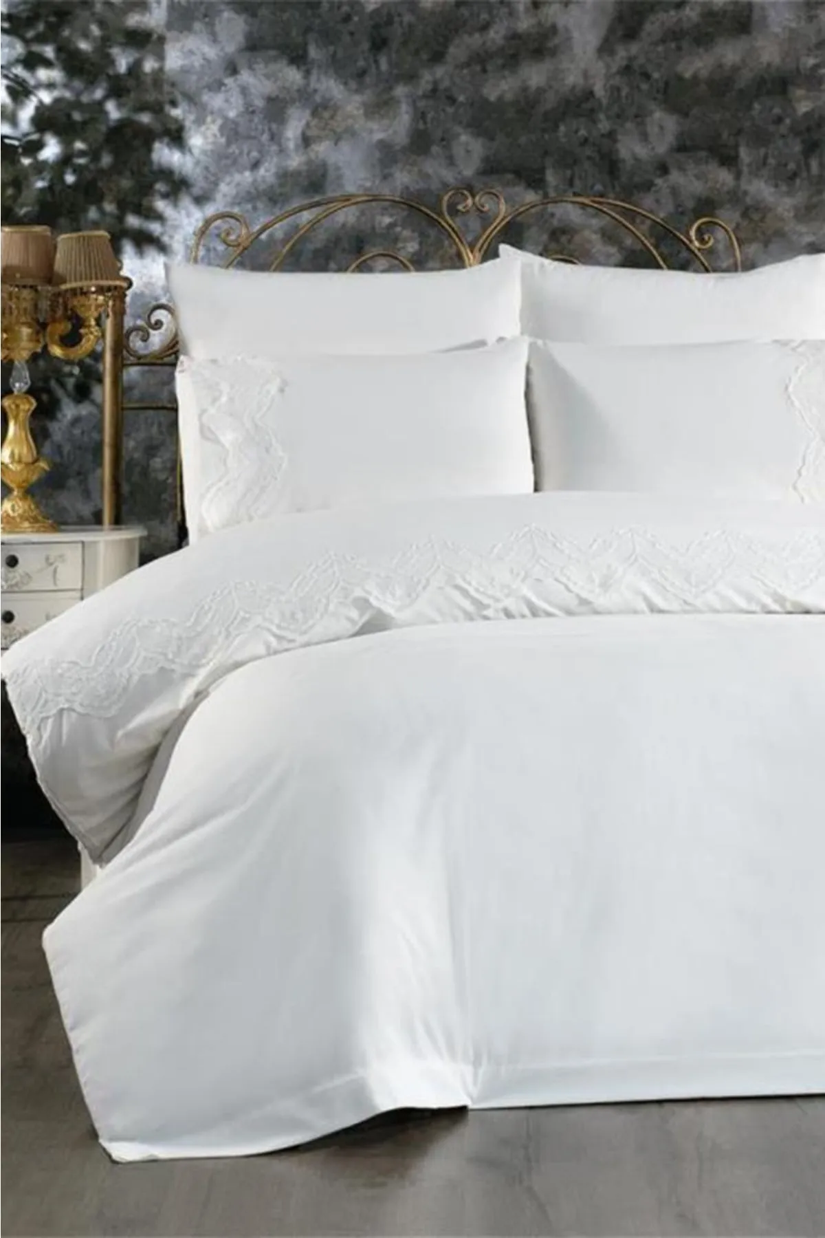 Çeyiz Diyarı  Französisches Spitzen-Hanzade-Mitgift-Bettbezug-Set, Creme