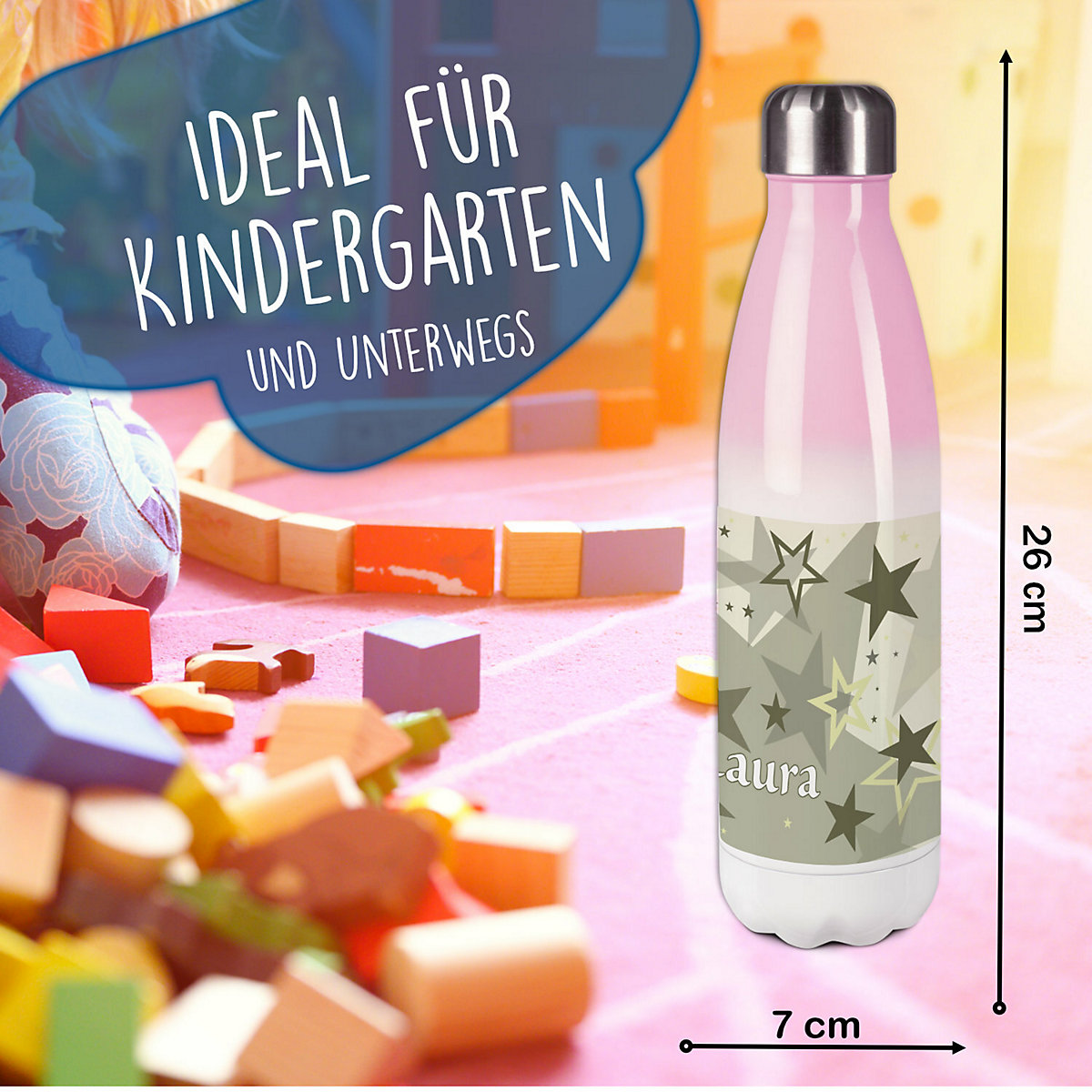 Edelstahl Kinder Thermoflasche / Trinkflasche bunt Sternenhimmel Farbe grau beige Spülmaschinenfest, Auslaufsicher, Bruchfest, Doppelwandig, Für Heißgetränke geeignet, Mit Deckel, Isoliert