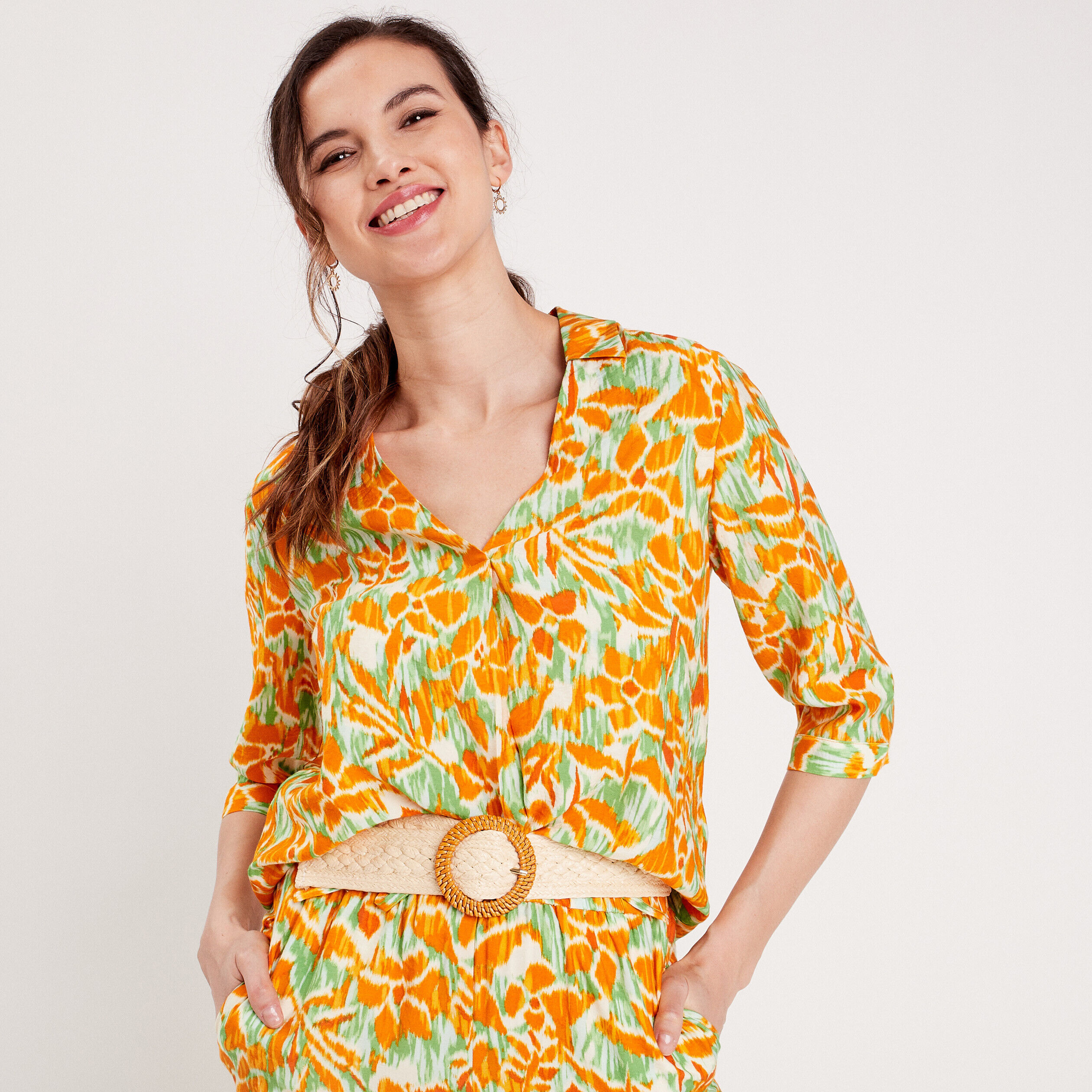 Blouse manches 3/4 vert femme | Cache Cache