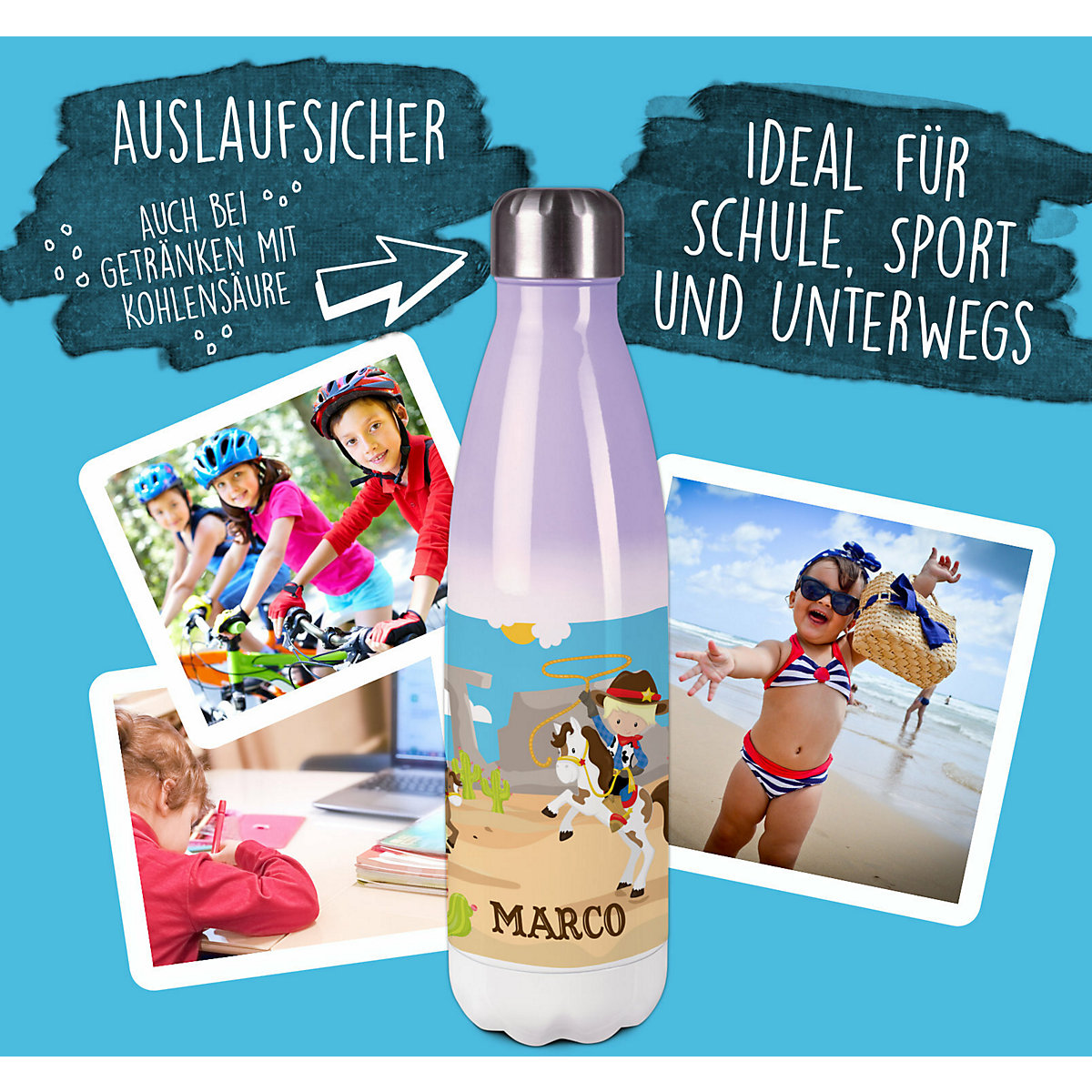 Edelstahl Kinder Thermoflasche / Trinkflasche bunt Cowboy Spülmaschinenfest, Auslaufsicher, Bruchfest, Doppelwandig, Für Heißgetränke geeignet, Mit Deckel, Isoliert