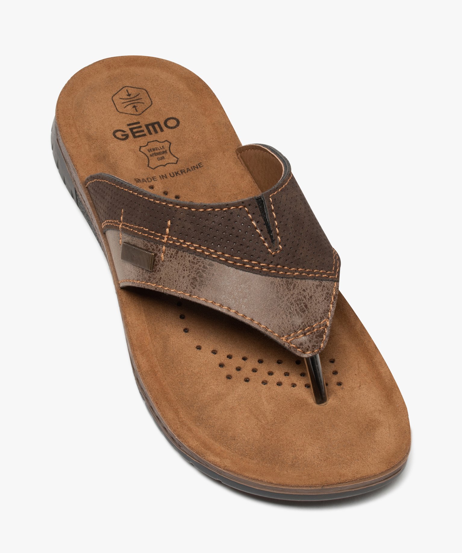 Tongs homme confort à semelle en cuir marron | GEMO