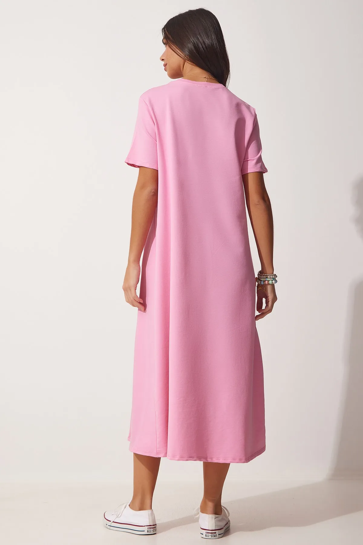 Happiness İstanbul  Rosafarbenes A-Linien-Sommerkleid aus gekämmter Baumwolle für Damen UB00060