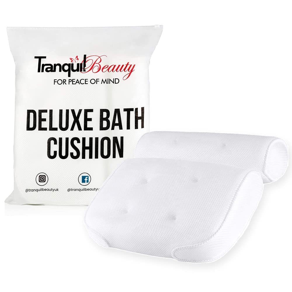 Tranquil Beauty Wasserkissen Wasserdichtes Luftnetz-Badekissen mit Saugnäpfen für Kopf/Nacken, leicht zu reinigen, schnell trocknend und schimmelresistent.