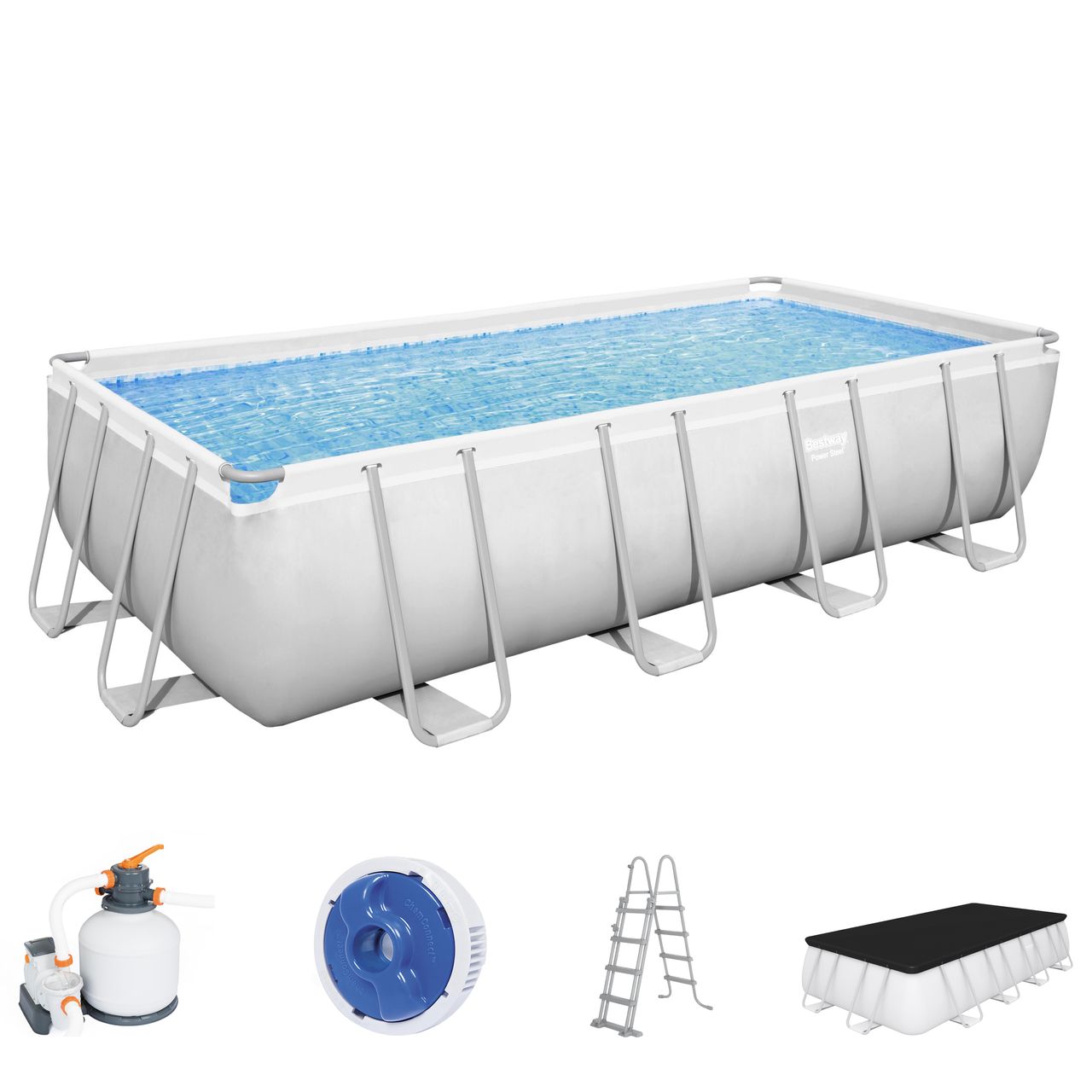 Bestway Power Steel™ Frame Pool Komplett-Set mit Sandfilteranlage, lichtgrau, 549 x 274 x 122 cm eckig