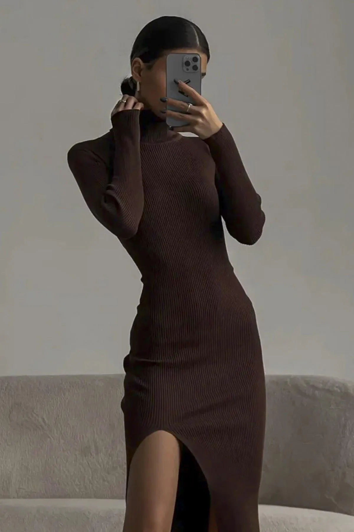 Madmext  Bitter Brown Rollkragen-Schlitz-Damenkleid Mg1735
