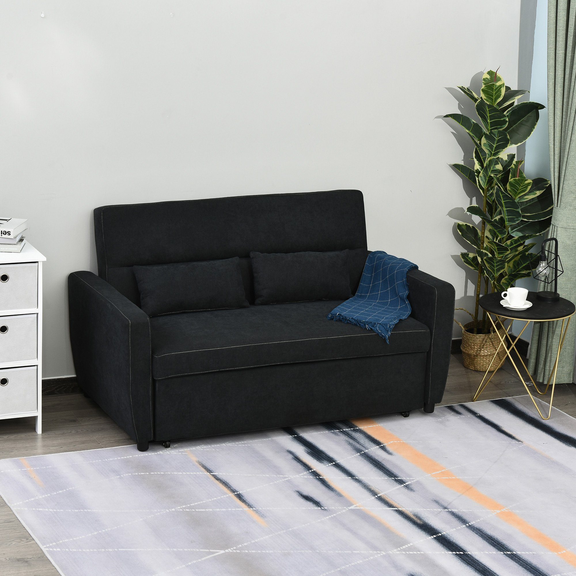 HOMCOM Schlafsofa, Set 1 Teile, Schlafsofa Chaiselongue 2-Sitzer Stoffsofa Sofagarnitur Schwarz