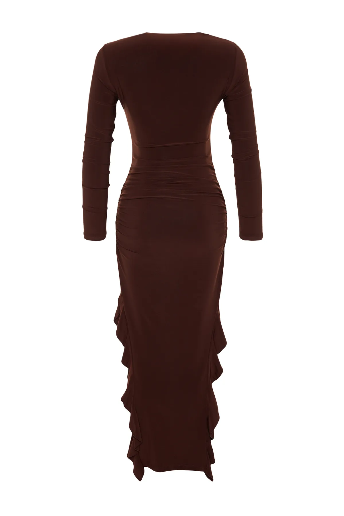 Trendyol Collection  Brauner Rock, Volants, U-Boot-Kaya, dehnbares Maxi-Strickkleid TWOAW24EL00616