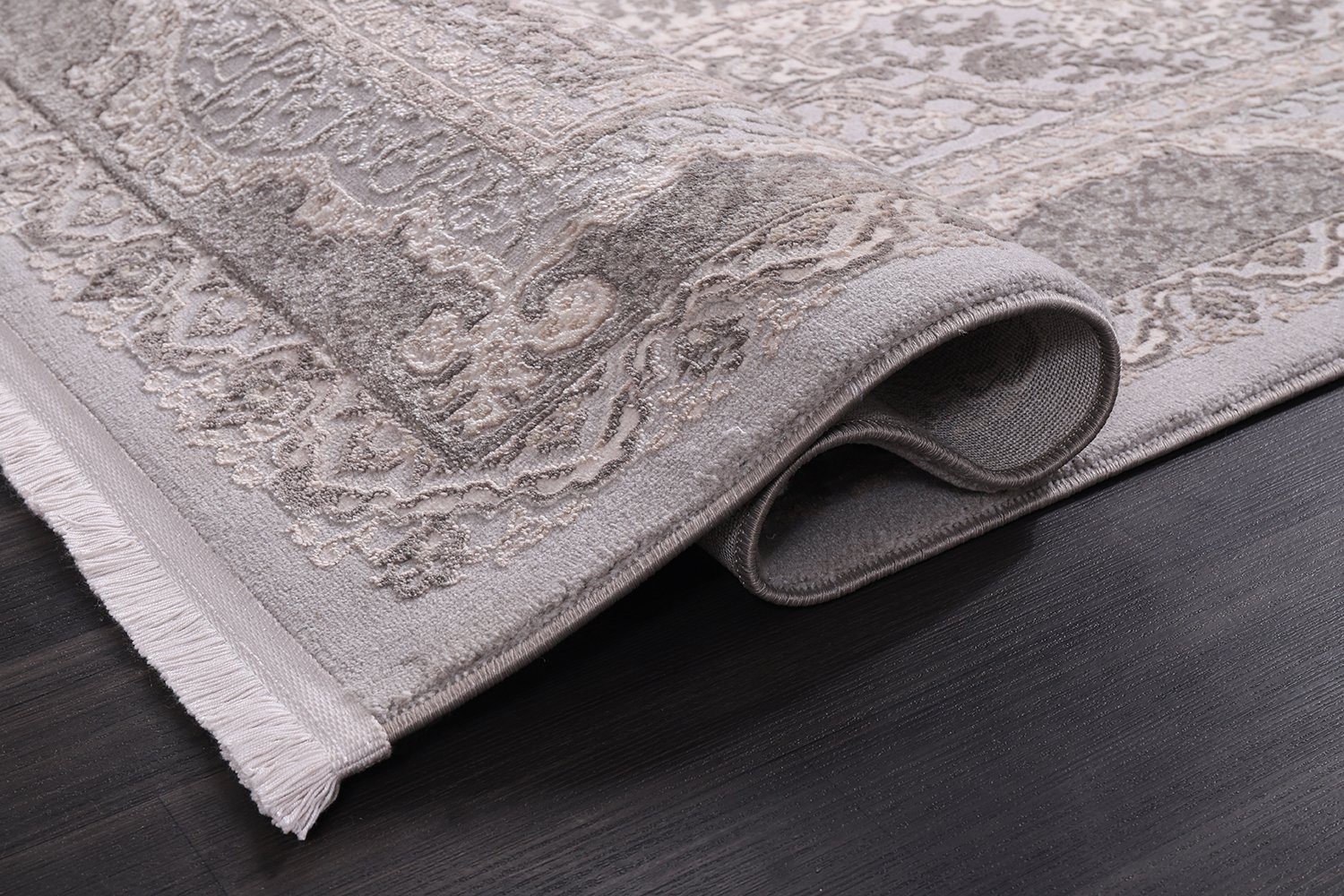 Designteppich Designer Wohnzimmer Carpetilla Senfony Kurzflor Orientalisch mit Bordüre Grau/Beige, Carpetilla, Höhe: 11 mm, Kurzflor