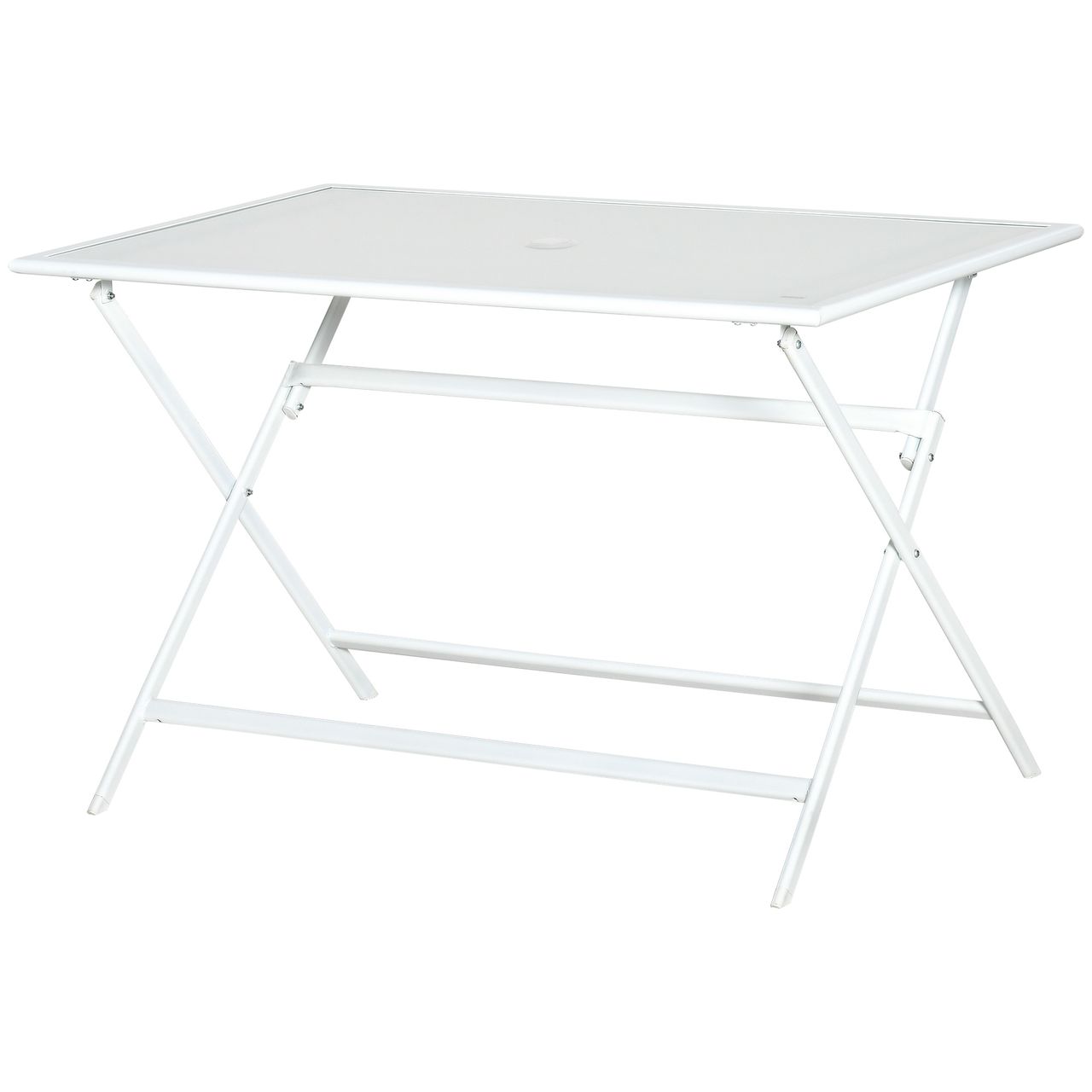 Outsunny Klapptisch Gartentisch mit Ø42mm Ø50mm Schirmloch Falttisch klappbar Beistelltisch Balkontisch Picknicktisch Esstisch Metall gehärtetes Glas Weiß 110 x 70 x 70 cm
