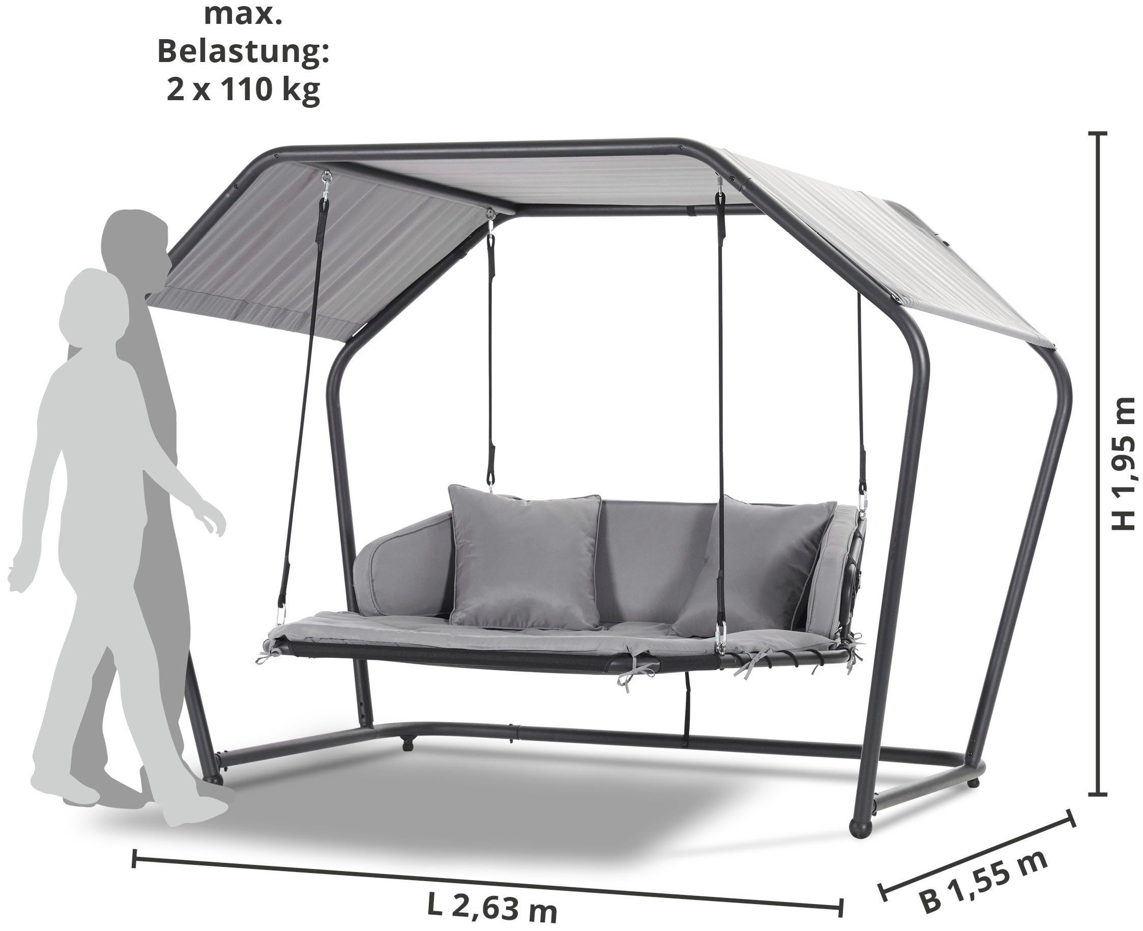 Leco Hollywoodschaukel Laureen, 2-Sitzer, grau, mit Polsterauflage, Kissen und Sonnendach