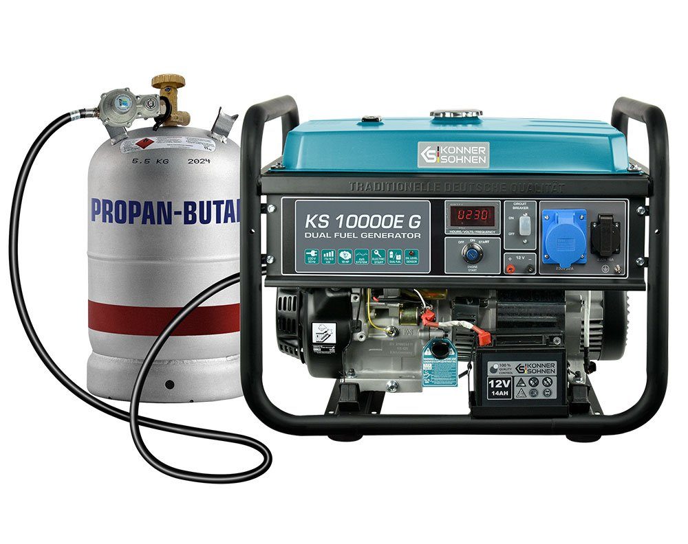 Könner & Söhnen Stromerzeuger KS 10000E G, 8,00 in kW, (1x32A (230V), Generator, E-Start, Automatischer Spannungsregler, 1-tlg., Hybrid Stromerzeuger, 4-Takt, Kupfer,Steckdosen 1x16A (230V), für Haus, Garage oder Werkstatt