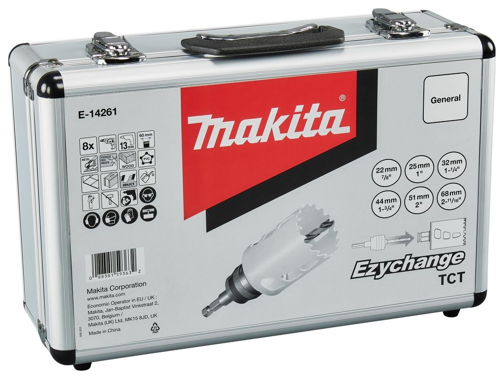 „Makita“ priedai E-14261 skylių pjūklų rinkinys, 8 dalys, 22 - 25 - 32 - 44 - 51 - 68 mm, medienai / metalui / akmeniui, „Ezychange“ dėkle.