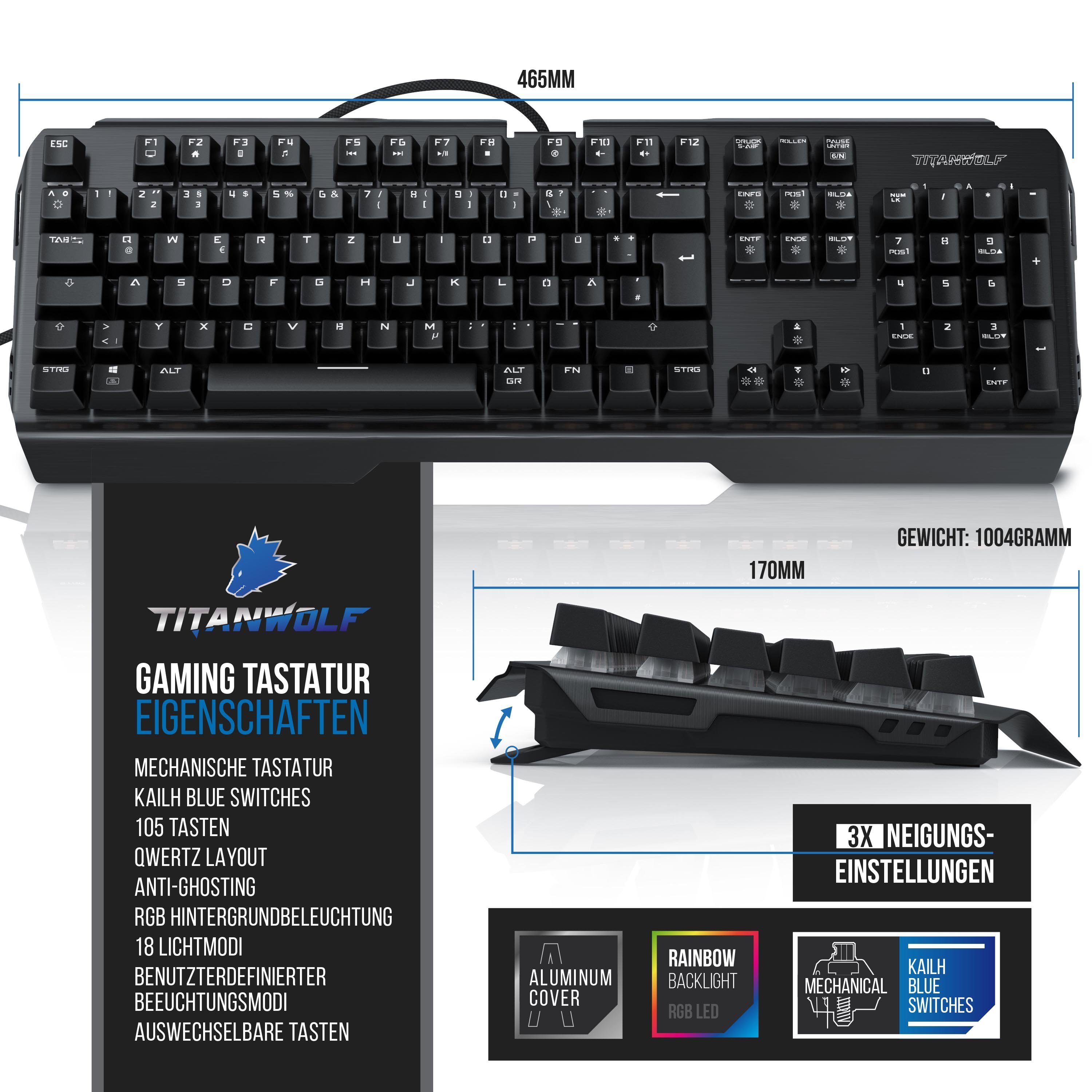 Titanwolf Gaming-Tastatur (mechanisches Keyboard, Anti-Ghosting, Kailh Blue, LED-Beleuchtung)