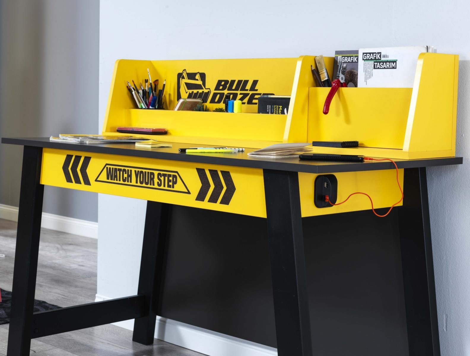 Möbel-Lux Jugendzimmer-Set Bulldozer, (Set, 4-St., Bett, Nachttisch, Kleiderschrank, Schreibtisch), mit Baggerbett