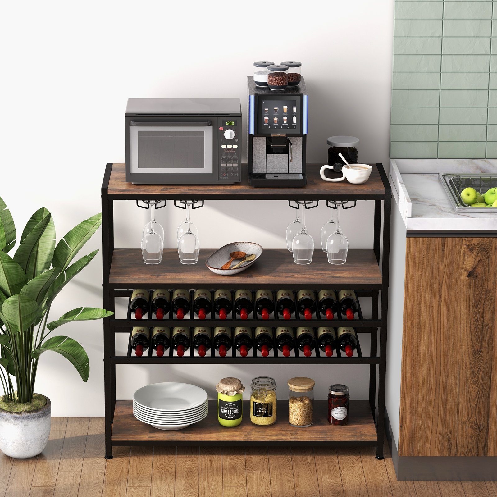 COSTWAY Weinregal, stehend, mit Glashalter & Regalen, Metall, 35x101x100cm