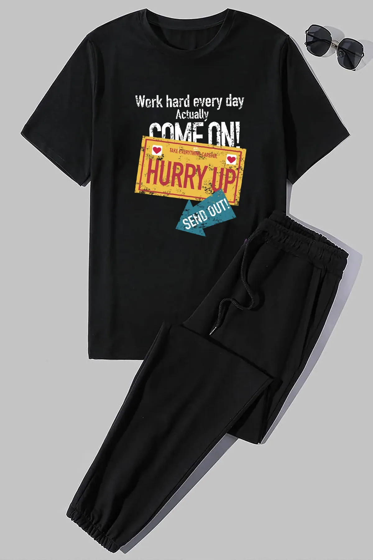 uyguntarz  Zweiteiliges Unisex-Trainingsanzugset „Hurry Up“ mit Print