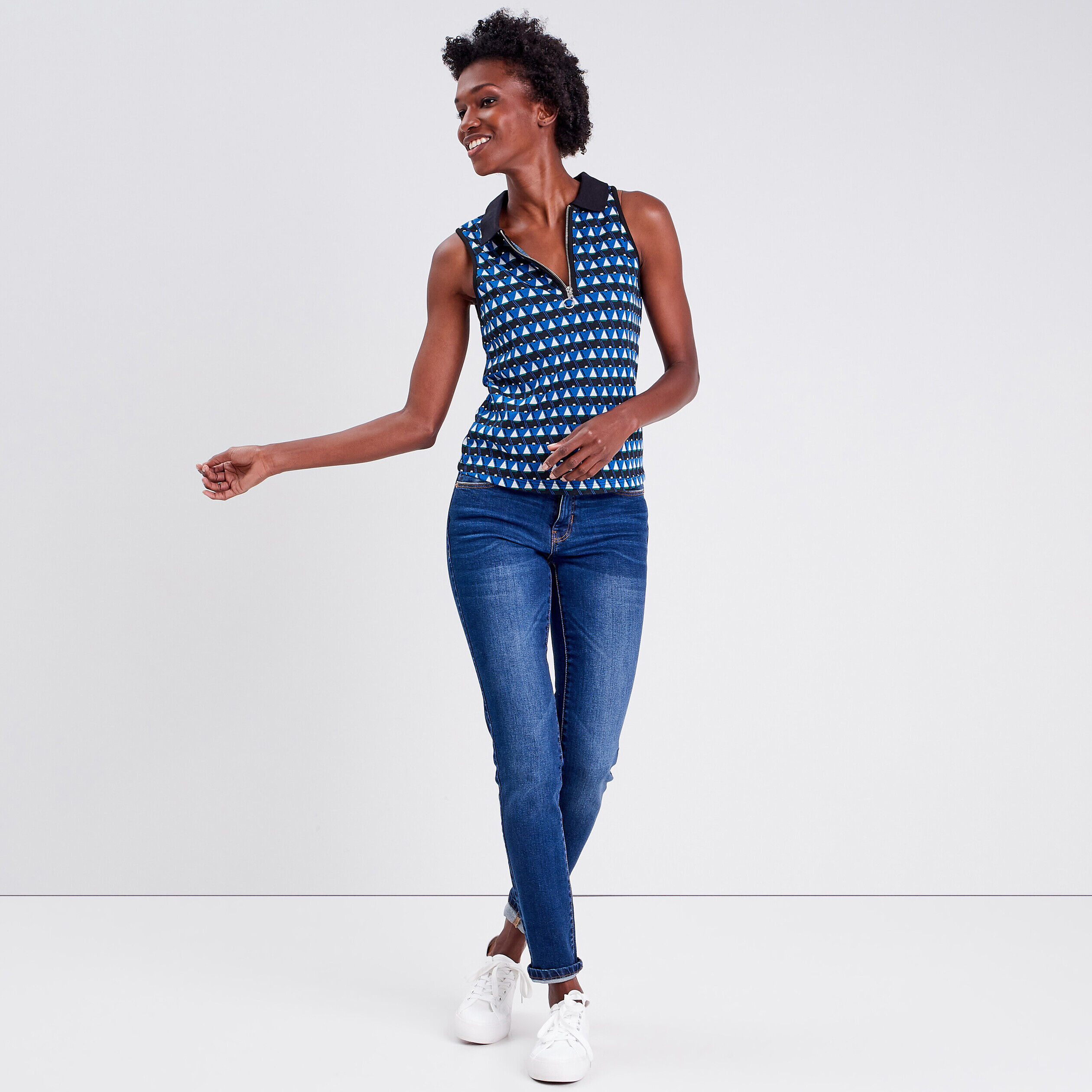 Polo sans manches bleu femme | Cache Cache