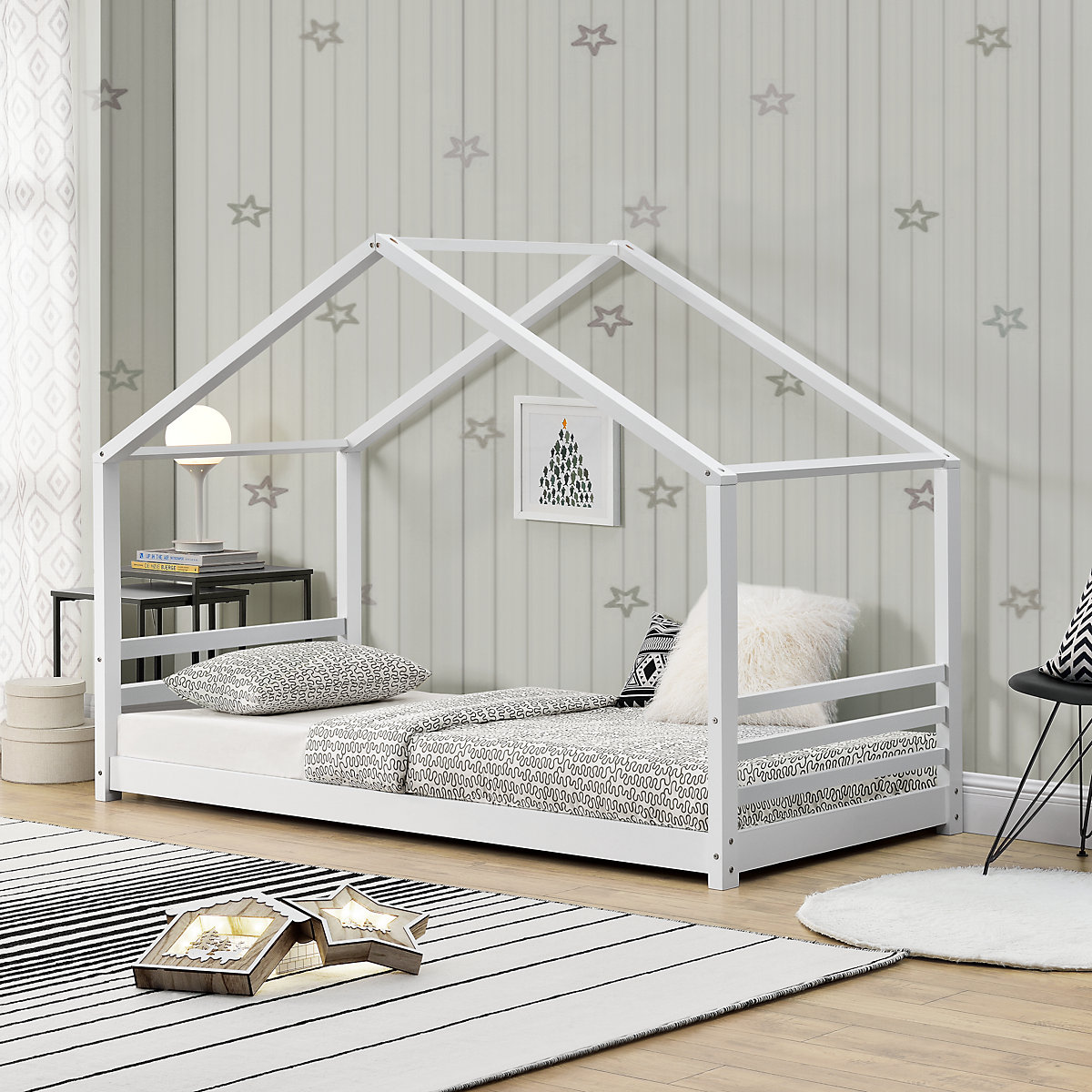 Kinderbett 90 x 200 cm Haus Holz Weiß Bettenhaus Hausbett Kinder Bett
