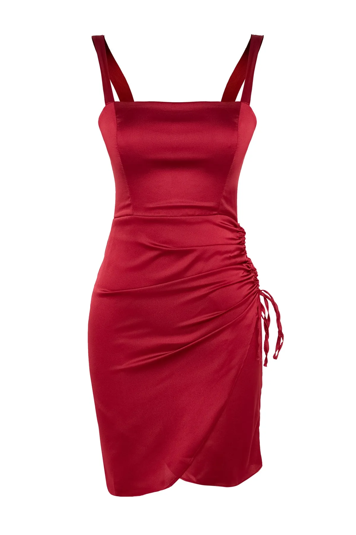 Trendyol Collection  Stilvolles Abendkleid aus gerafftem Satin in Burgunderrot TPRSS21EL2287