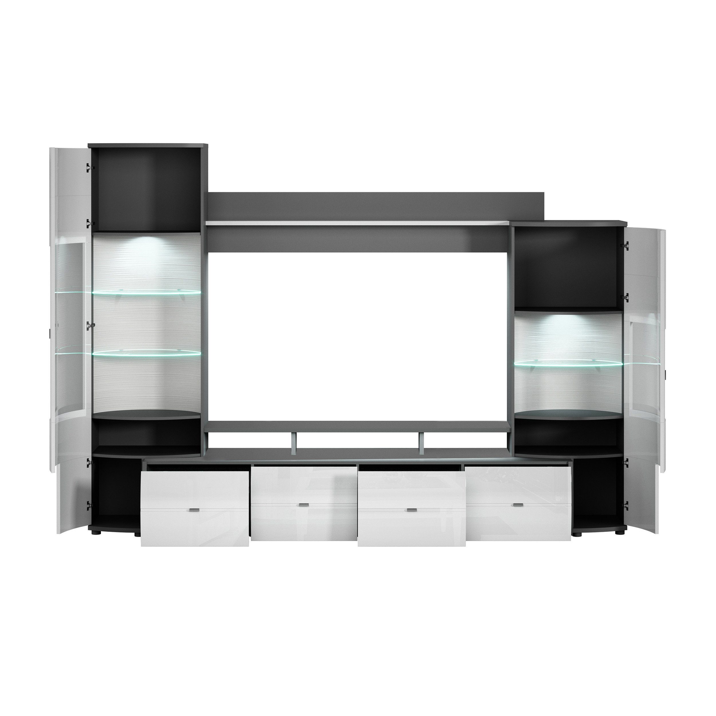möbelando Wohnwand Gate, Moderne Wohnwand, Front aus MDF in Weiß Hochglanz, Korpus aus melaminharzbeschichteter Spanplatte in Anthrazit, bestehend aus 1 TV-Lowboard, 1 Wandboard und 2 Vitrinen, mit insgesamt 2 Türen, 7 Schubladen und 9 Einlegeböden,