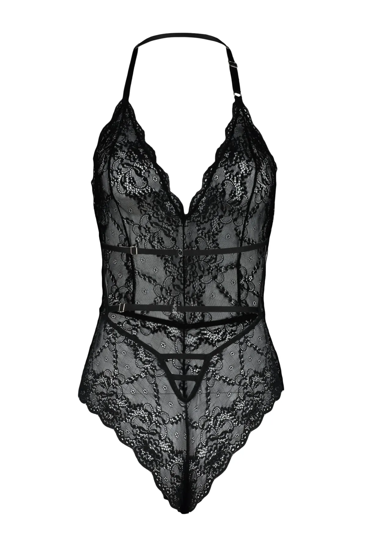 Trendyol Collection  Schwarzer Strick-Body mit Schnürriemen und Druckknöpfen aus Spitze THMAW23BD00009