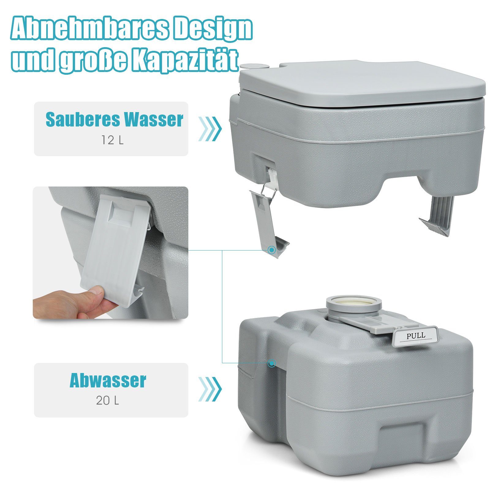 COSTWAY Campingtoilette Reisetoilette, 20L+12L mit abnehmbarem Abwassertank