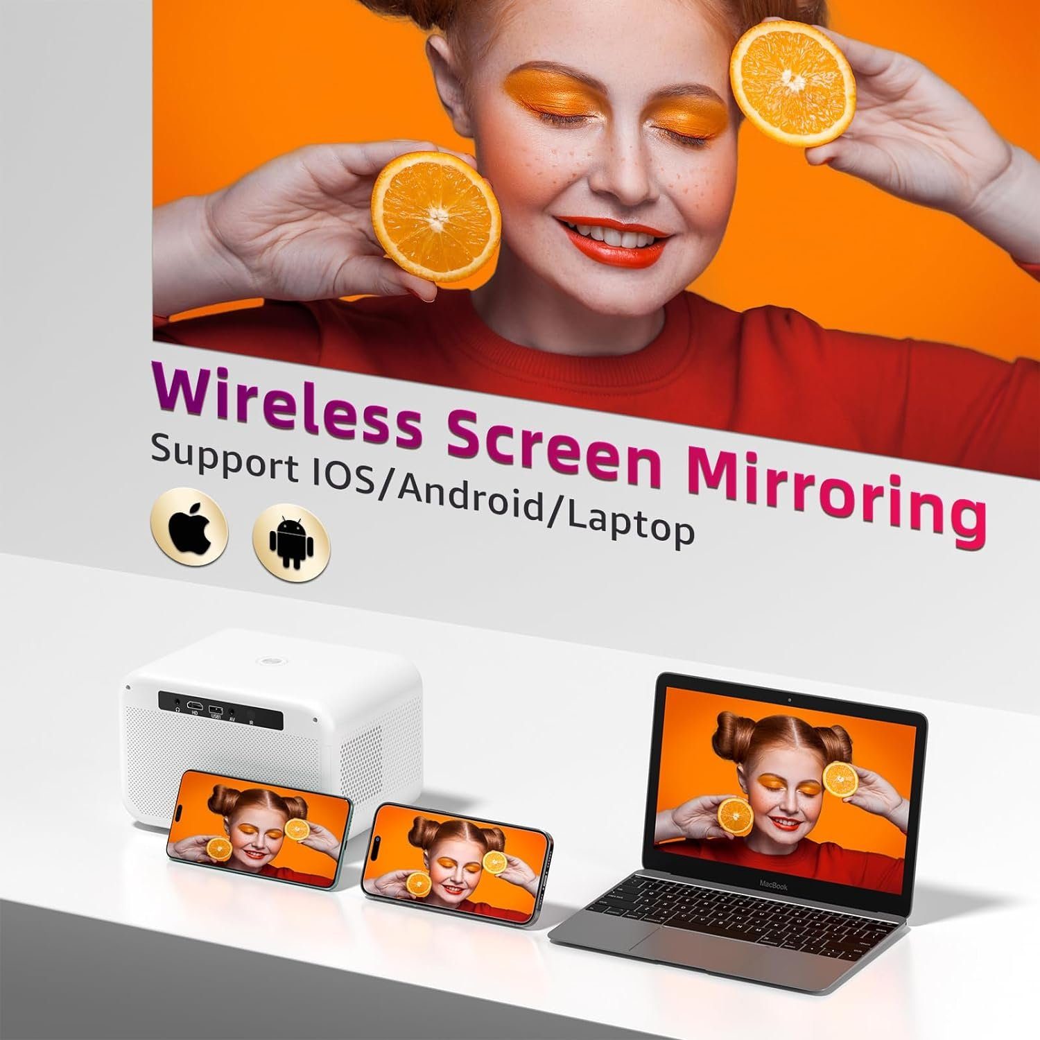 sainyer [Electric Fokus] 5G WiFi Mini Bluetooth 4K-Unterstützung Portabler Projektor (300 lm, ‎1920 x 1080 px, Video Projektor,300” Display, Outdoor Beamer für TV Stick/HDMI/USB)