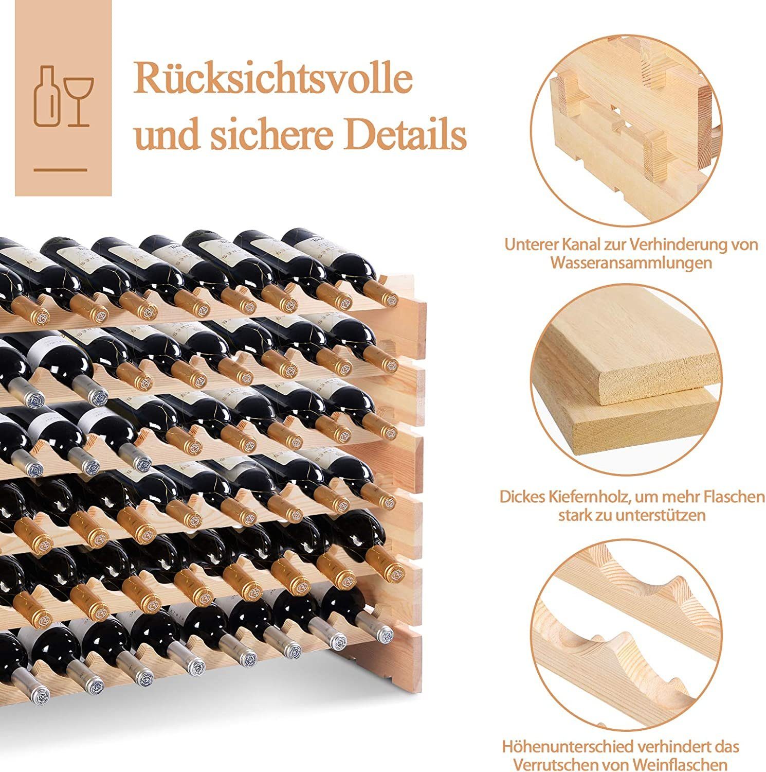 COSTWAY Weinregal 6 Ebenen, aus Holz, für 72 Flaschen, 119 x 29 x 72cm