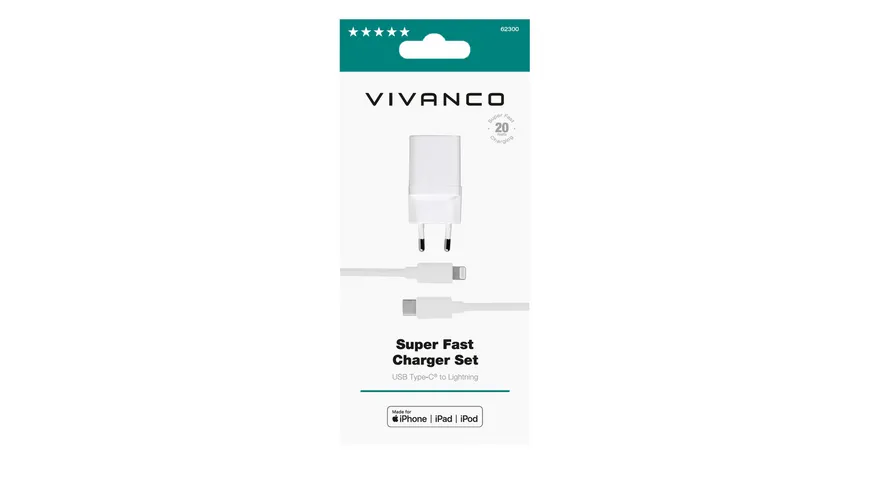 Vivanco iPhone PD 3.0, Super Fast Charger Set, inkl. USB Type-C™/Lightning-Kabel, Schnellladegerät für Apple, 20W
