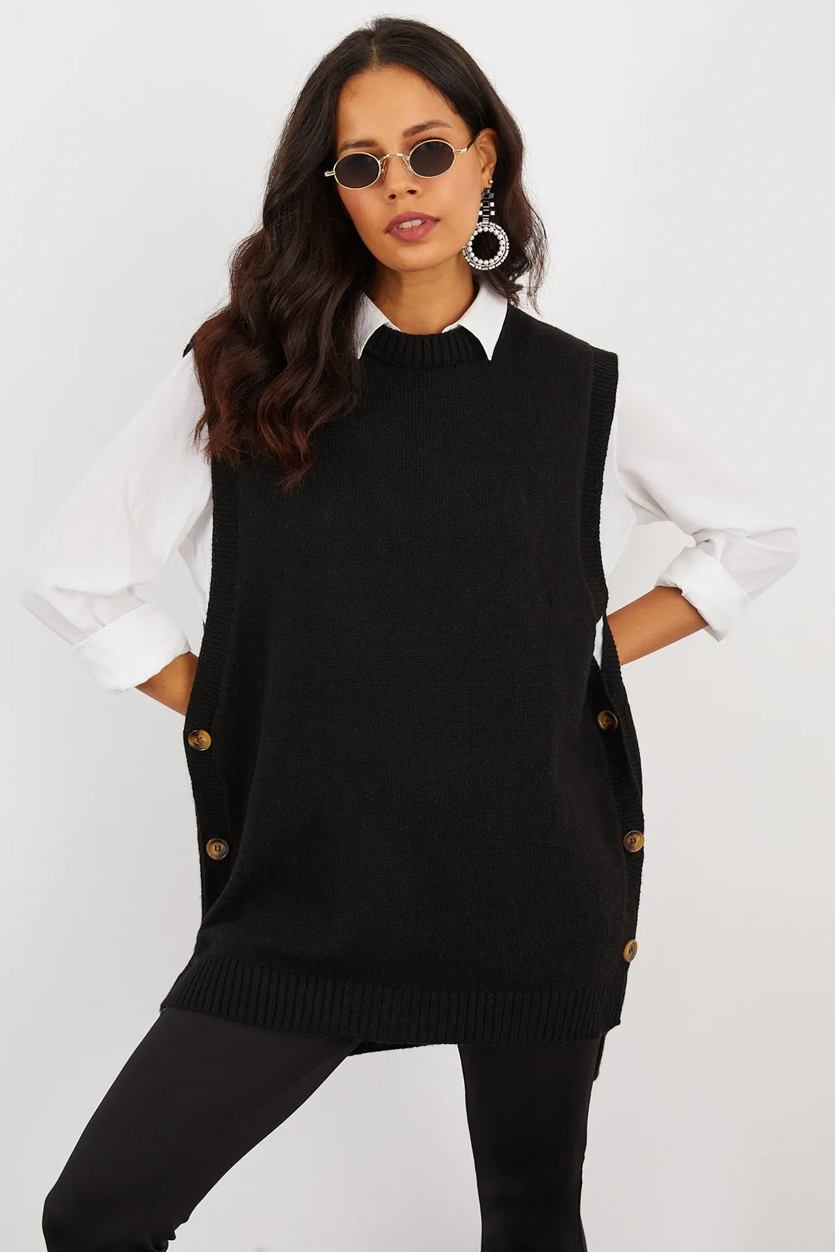 Cool & Sexy  Schwarze, seitlich geknöpfte, ärmellose Stricktunika für Damen YV75