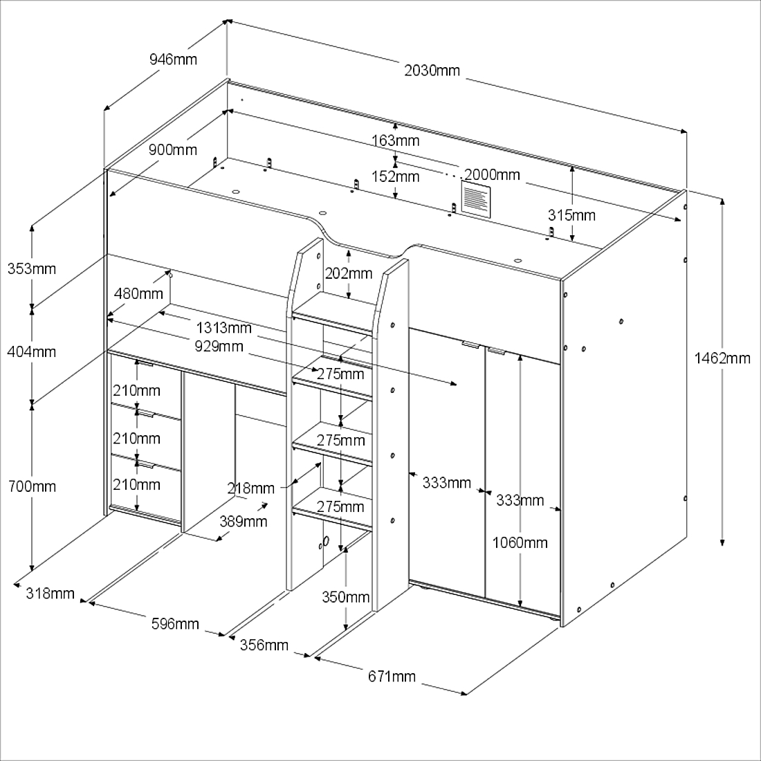 Parisot Hochbett, Tom - mit integriertem Schreibtisch und Kleiderschrank