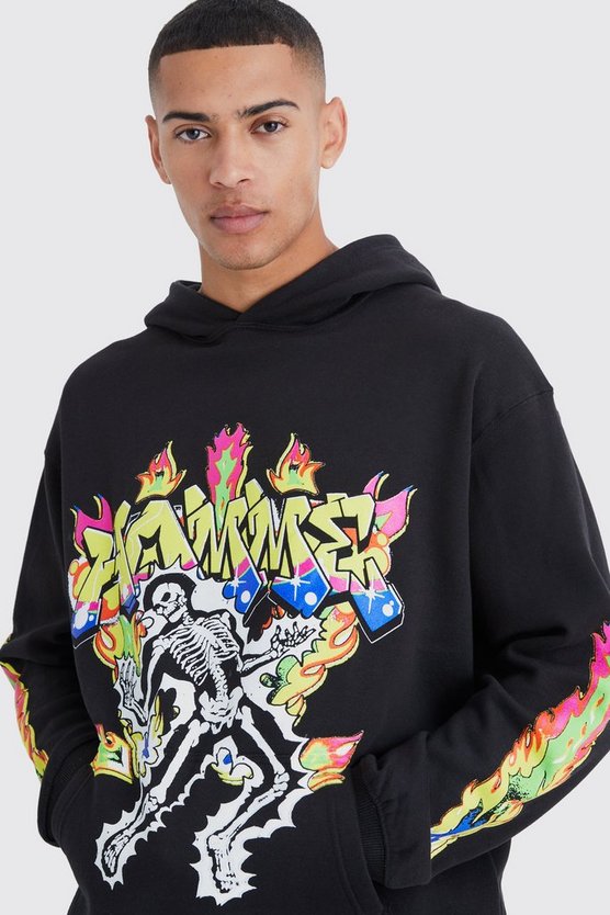 Kastiger Oversize Hoodie mit Flammen-Print