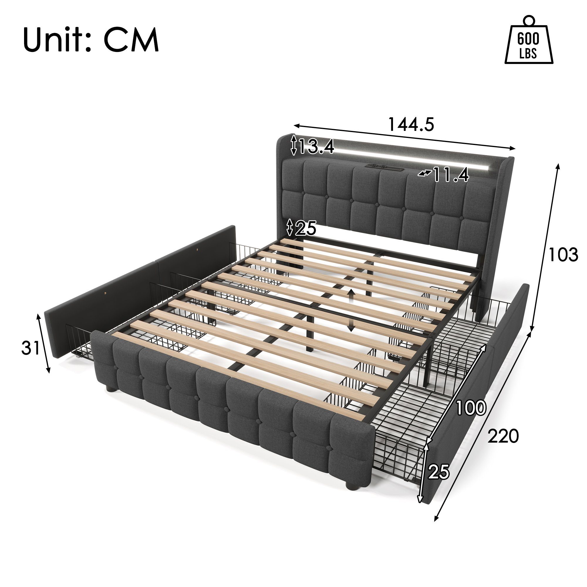 WISHDOR Polsterbett mit aufladen USB Ladefunktion Kopfteil (Mit LED-Beleuchtung und 4 Schubladen, 140x200cm Stauraumbetten Bettgestell (Mit Matratze)