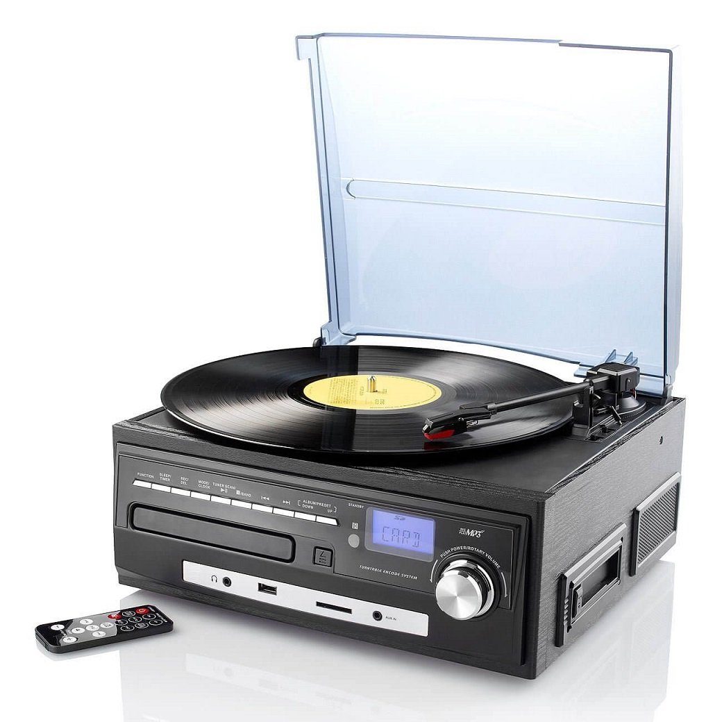 auvisio Stereoanlage MHX-550.LP Musikplayer Schallplatten, CD, MC Radioplattenspieler (Riemenantrieb, Plattenspieler, CD-Player, Radio-Tuner, MP3 Encoder, USB-Wiedergabe, SD Kartenleser, Digitalisiert analoge Aufnahmen per Knopfdruck)