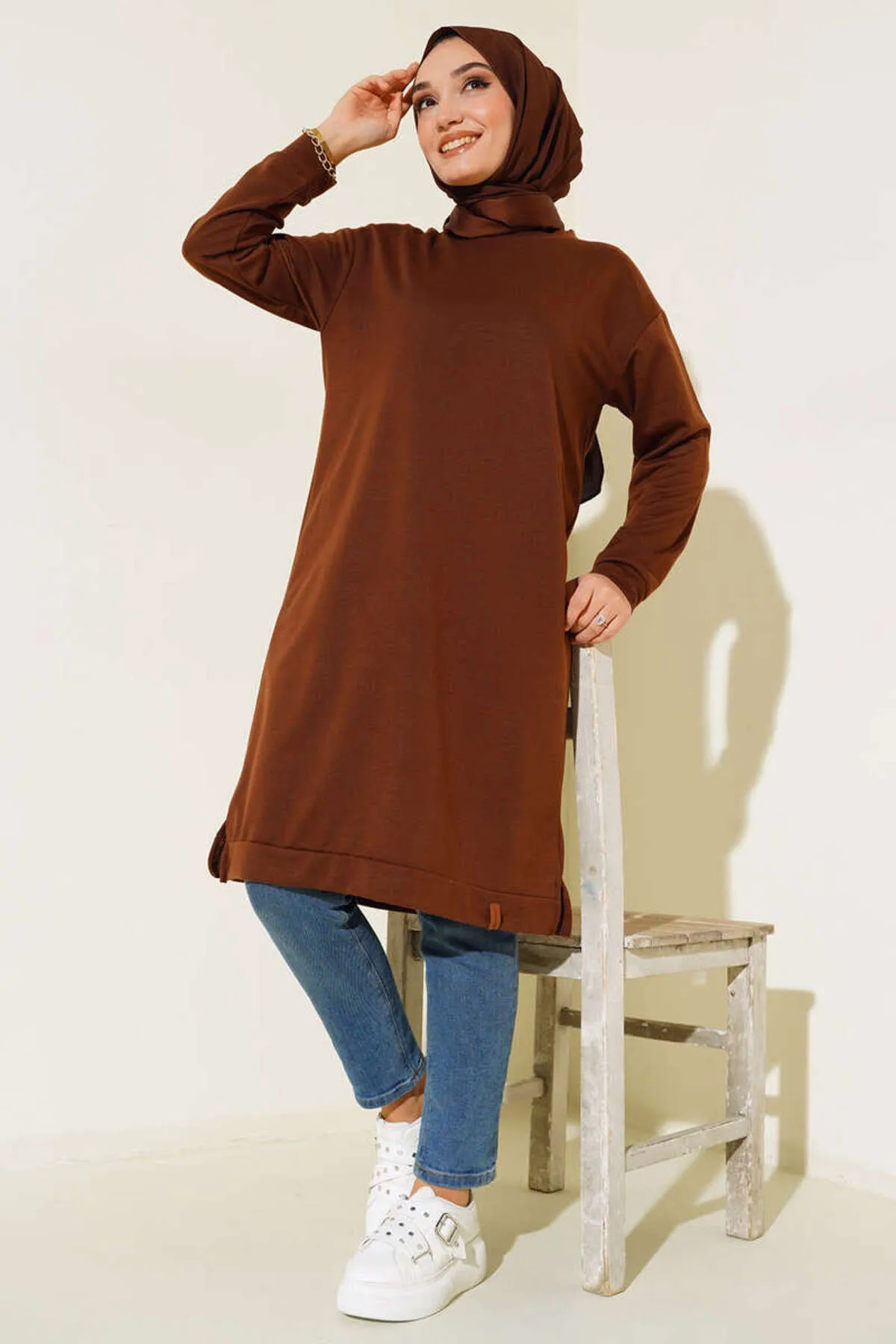 benguen  1983 Basic Lange Tunika mit Seitenschlitzen Braun