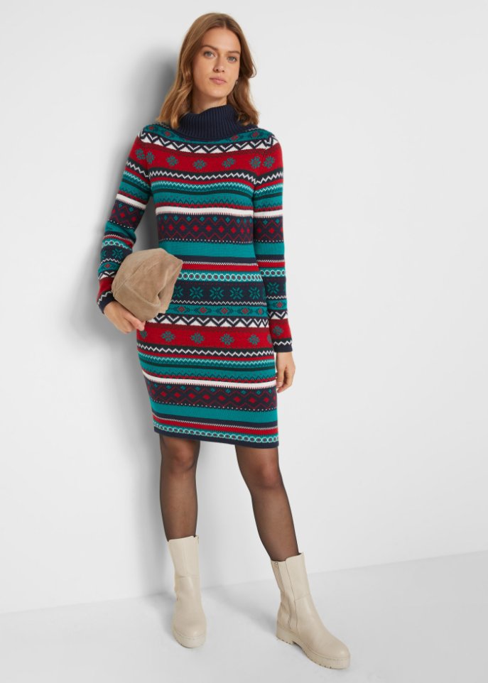 Jacquard-Strickkleid mit Schalkragen