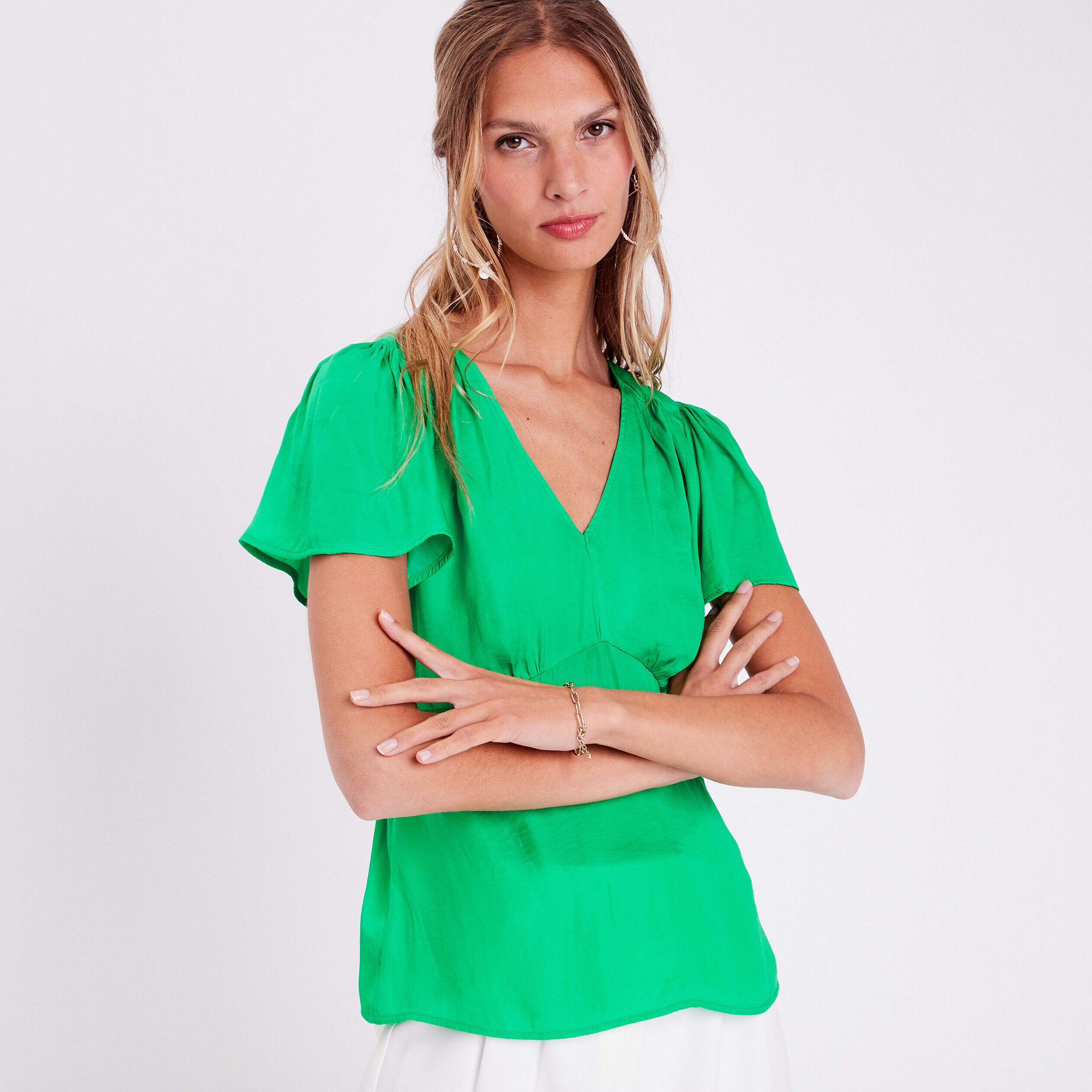 Blouse manches courtes satin vert femme | Cache Cache