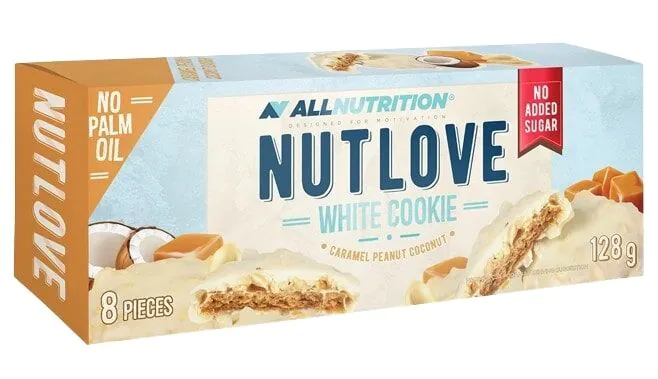 „Allnutrition Nutlove“ karamelės, žemės riešutų ir kokoso skonio baltieji sausainiai, 128 g