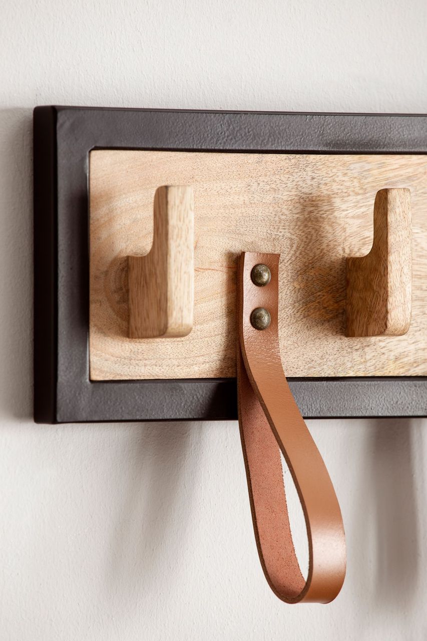 Wohnling Wandgarderobe Hakenleiste Holz Echtleder 60 cm Garderobe Flur Metall