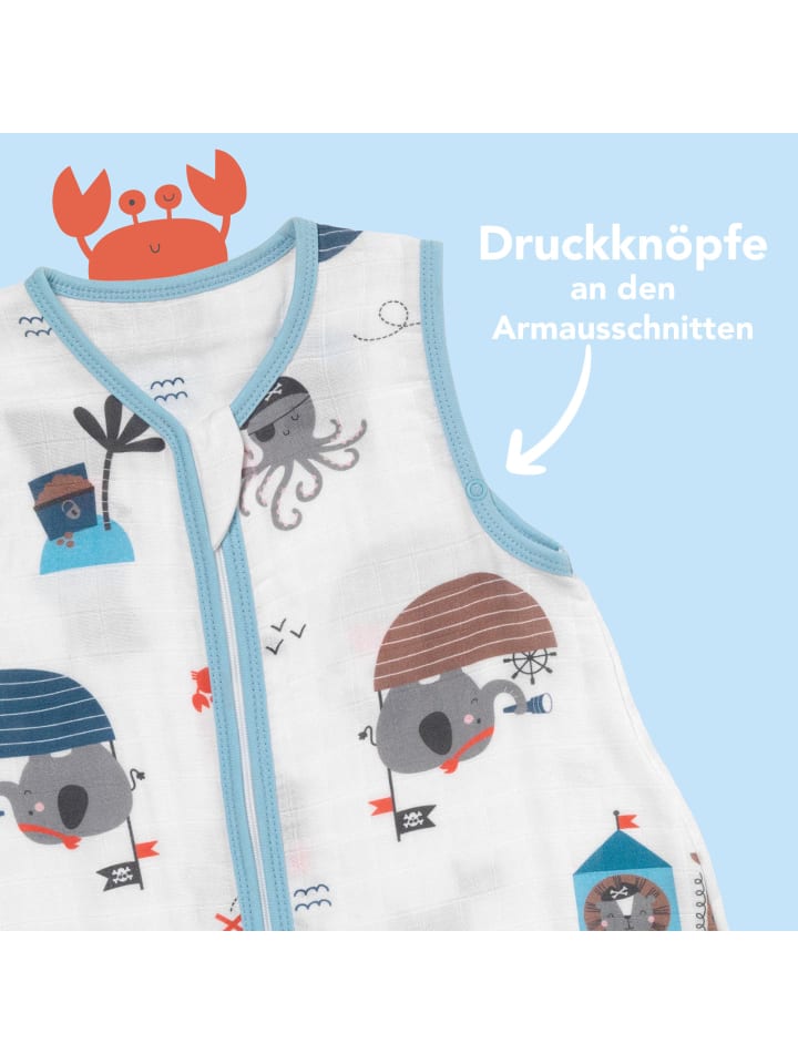 Schlummersack Musselin Schlafsack mit Füßen, 0.5 TOG in Hellblau-Rot günstig kaufen