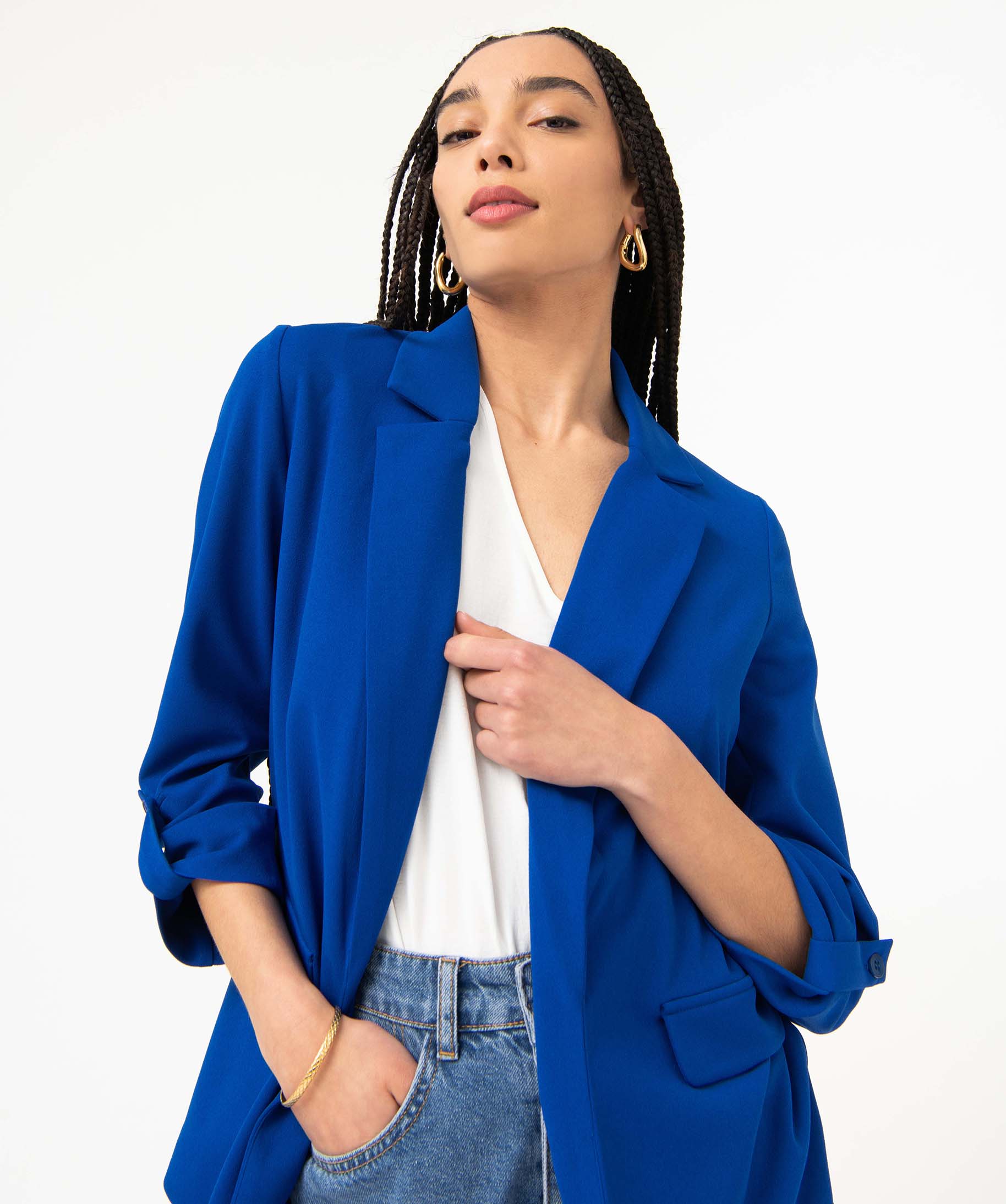 Veste droite en maille stretch manches 3/4 unie femme bleu | GEMO