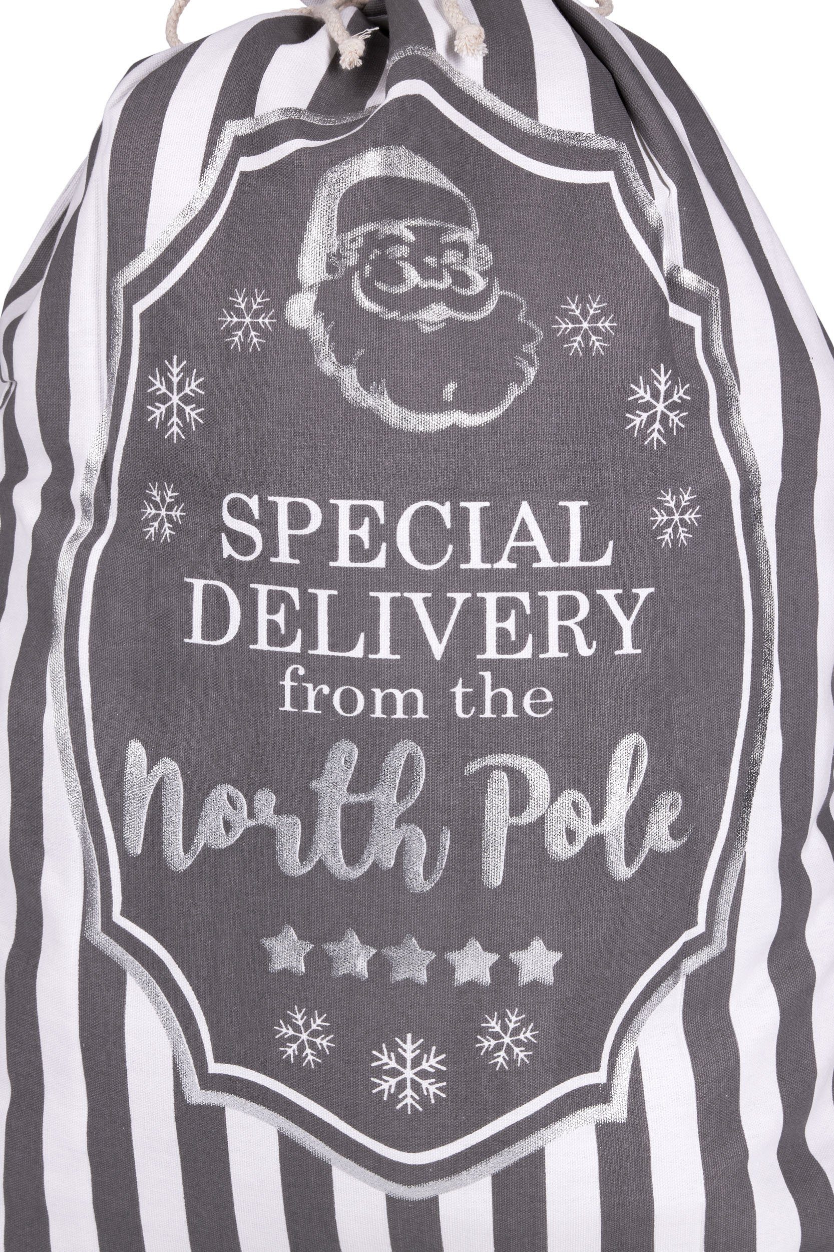 BRUBAKER Aufbewahrungstasche Weihnachtssack Special Delivery from the North Pole - Weiß Grau (80 cm Geschenksack Weihnachten, 1-tlg., Weihnachtsmann Post), Nikolaussack Sack Baumwolle mit Kordel zum Verpacken