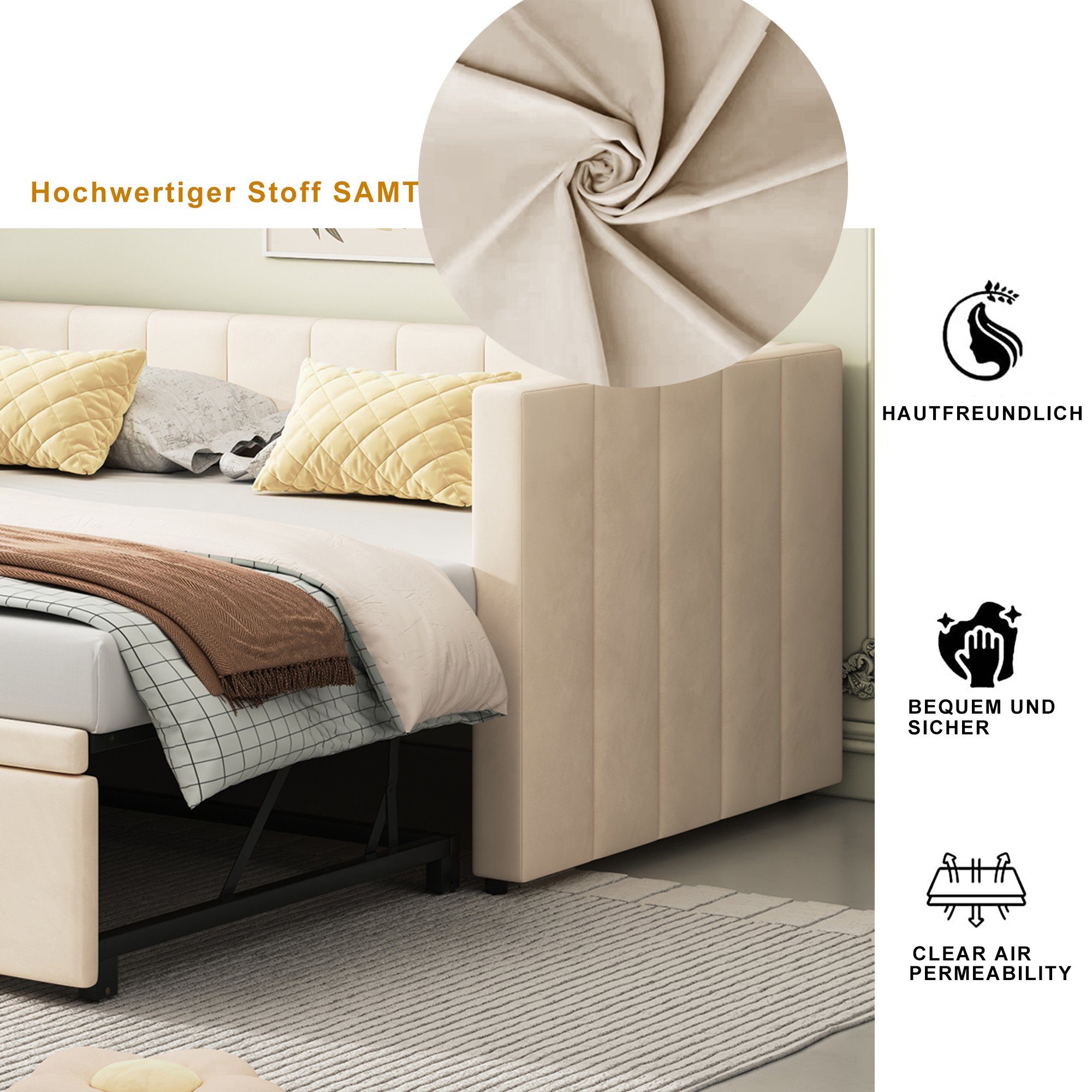 Ulife Schlafsofa Kinderbett Tagesbett Ausziehbares Polsterbett 90/180*200 cm, Multifunktionsbett aus hautfreundlichem Samtstoff